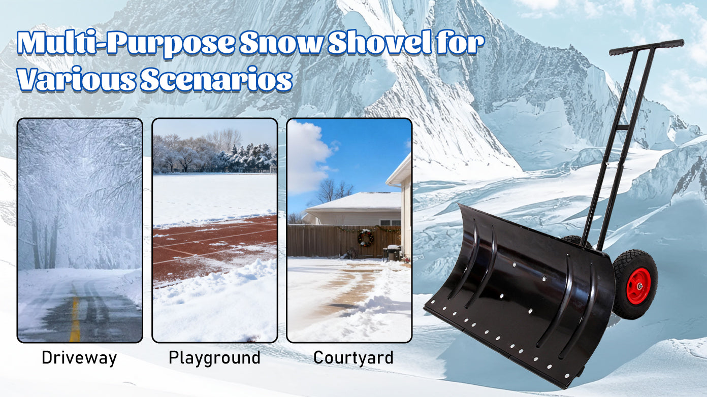 30" Heavy Duty Snow Shovel with Wheels, Garvee Adjustable Angle & Height Ergonomic Handle, Sidewalk & Pavement Clearing