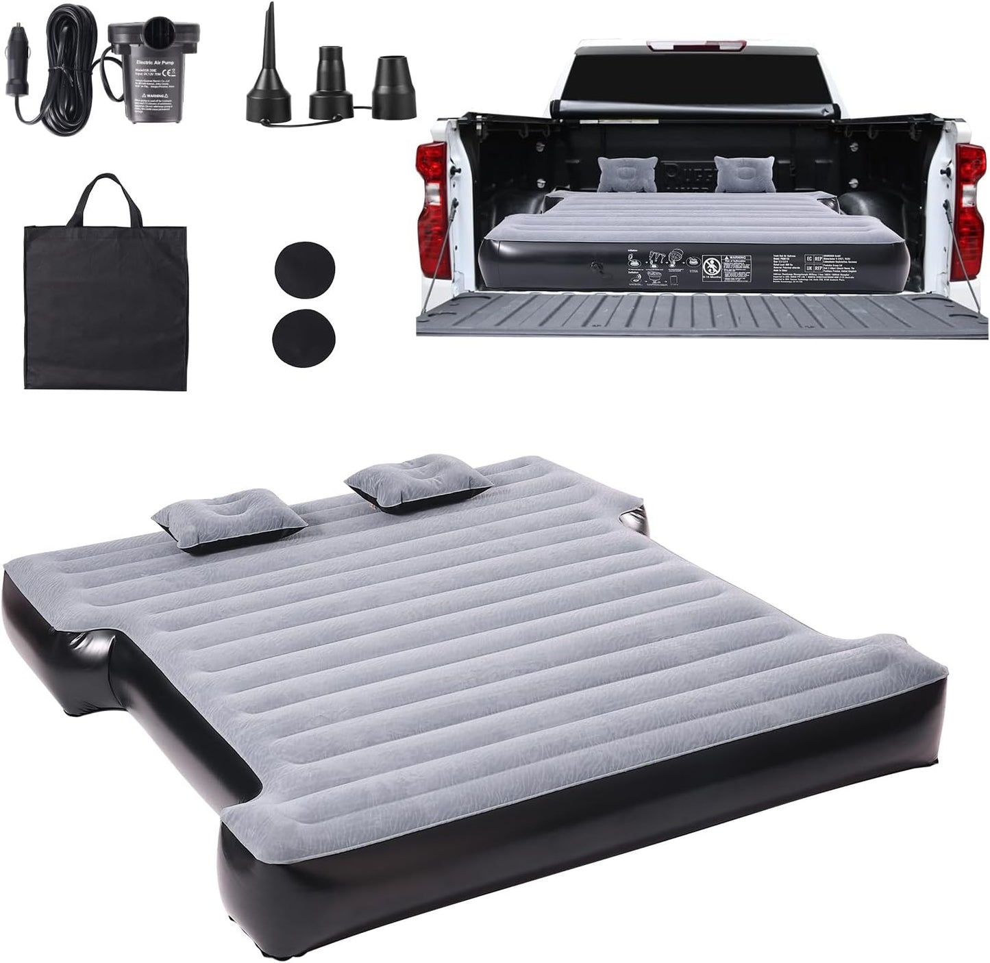 Inflatable Mattress for Pickup Beds, 5.5-5.8 ft Air Bed for Camping, Electric Pump, 2 Pillows, Storage Bag, Fits Silverado, RAM, F Series, Sierra, Titan, Tundra, Grey