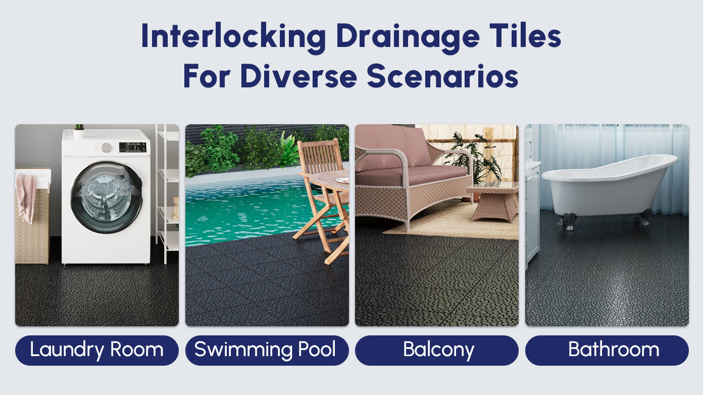 12 x 12 Inch Black Interlocking Deck Tiles Plastic Waterproof Outdoor All Weather Anti-slip Bathroom Shower Balcony Porch Strong Weight Capacity Upto 440 LBS, Pebble Stone Pattern Pack of 12