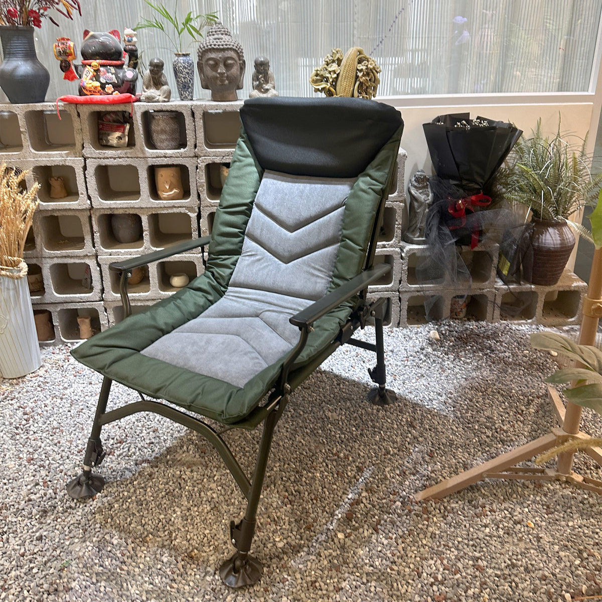 Camping Lounge Chair, Portable Folding Reclining Camping Chair with Adjustable backrest for Indoor and Outdoor Camping Beach Hiking Fishing, Green+black+grey