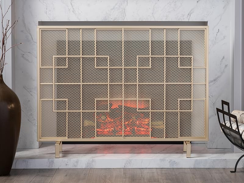 1 Panel Fireplace Screen, Lightweight Iron Fire Spark Guard for Living Room, Modern Fire Place Protector Gate for Home, Geometric Design， 41" x 30.75", Gold