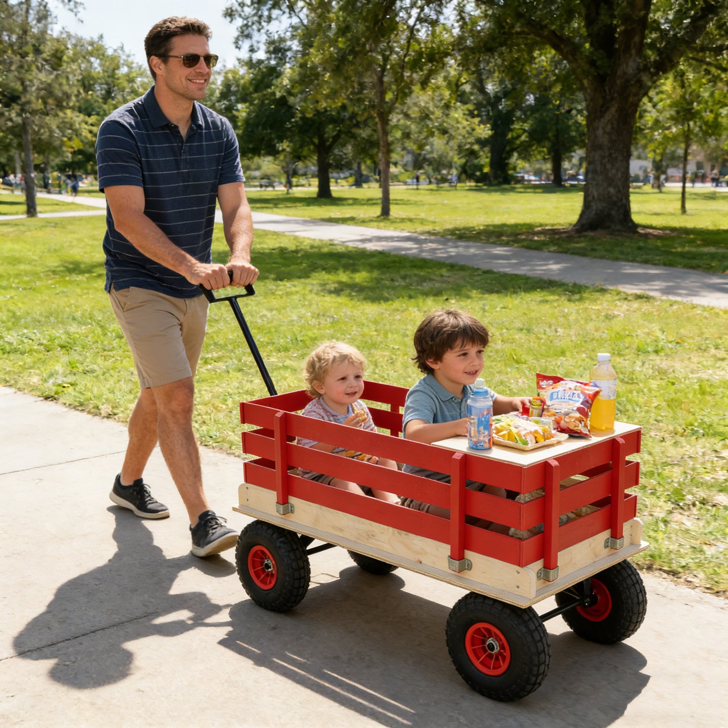 Children's and garden wooden carriages, all-terrain rubber inflatable wheelers, outdoor games, courtyard transportation, picnic supplies (red and natural colors)