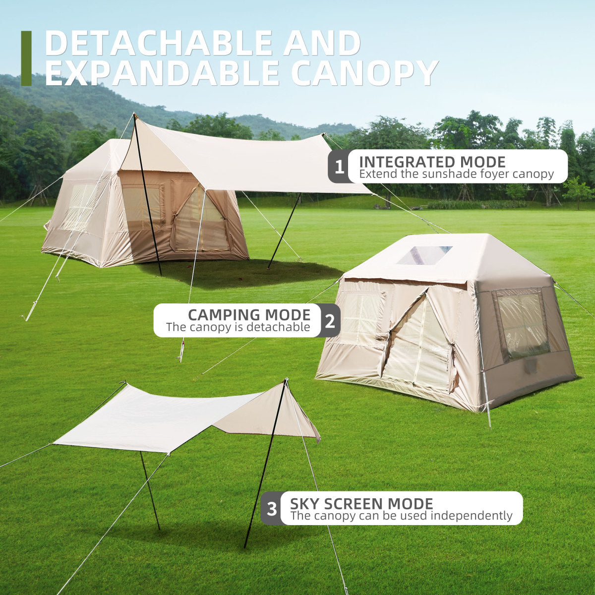 5.72m ² Inflatable Camping Tent, Glamping Tents Easy Setup 4 Season Windproof Outdoor Cotton Tent with Stove Jack & Mesh Windows & Pump