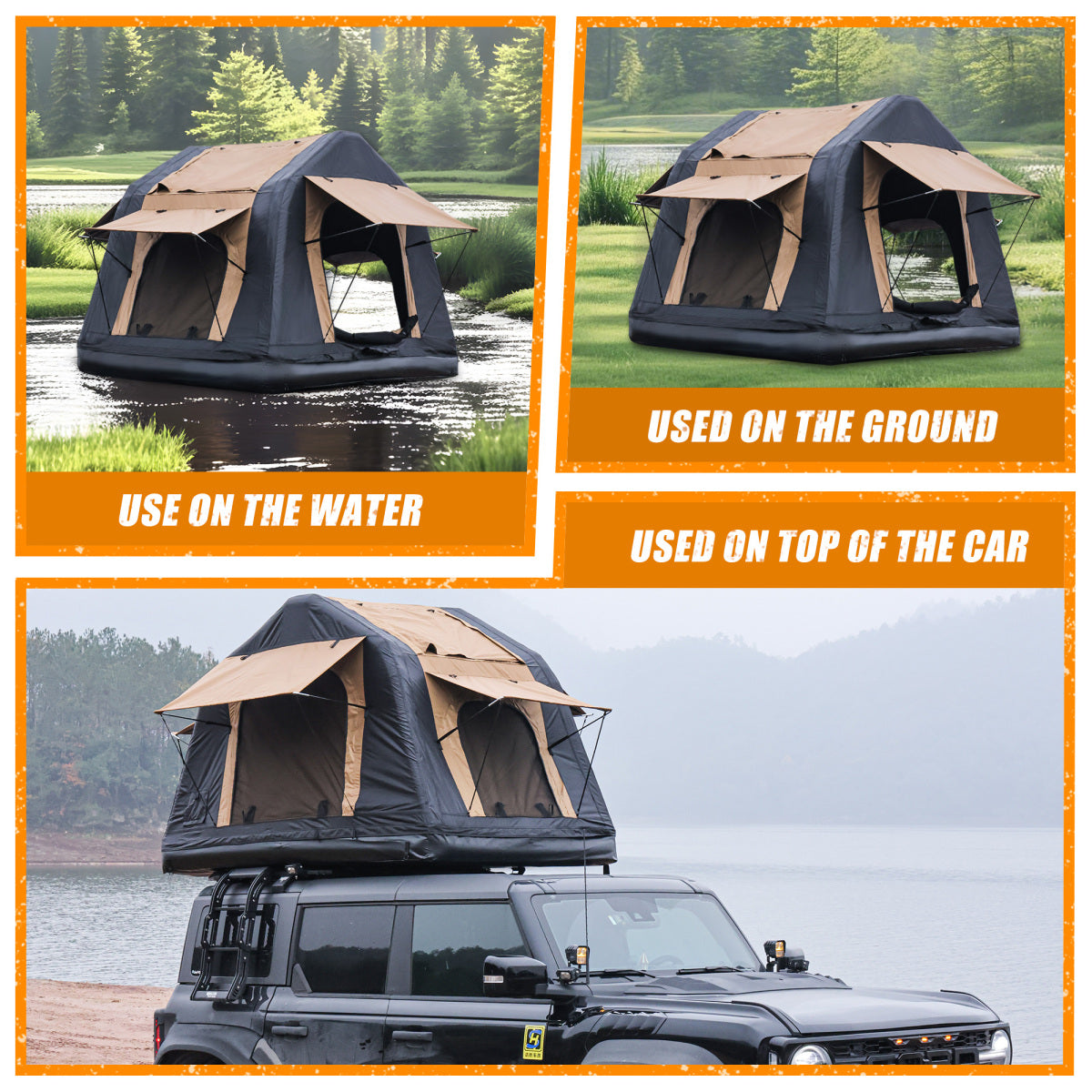 Foldable 2-3 People Amphibious Inflatable Car Roof Top Tent for camping Outdoor Glamping Camping Tent for SUV,Truck( Without Ladder, Two-tone Style, Khaki & Black)