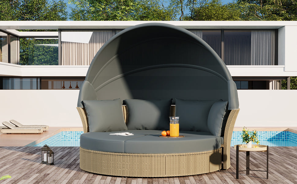 Outdoor Patio Rattan Round Daybed with Retractable Canopy, Wicker Furniture Clamshell Sectional Seating Sunbed with Removable Cushions and 4 Pillows for Patio Backyard Porch,Grey
