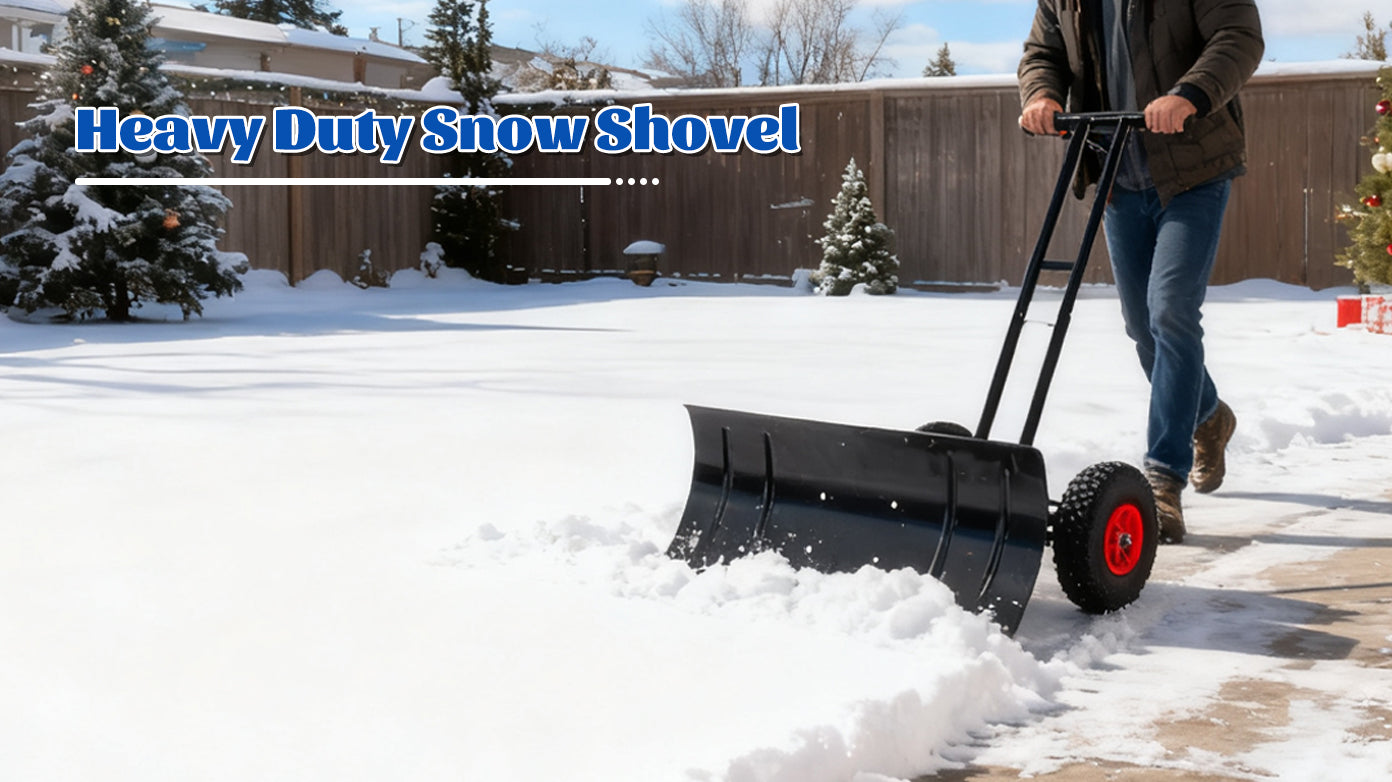 30" Heavy Duty Snow Shovel with Wheels, Garvee Adjustable Angle & Height Ergonomic Handle, Sidewalk & Pavement Clearing
