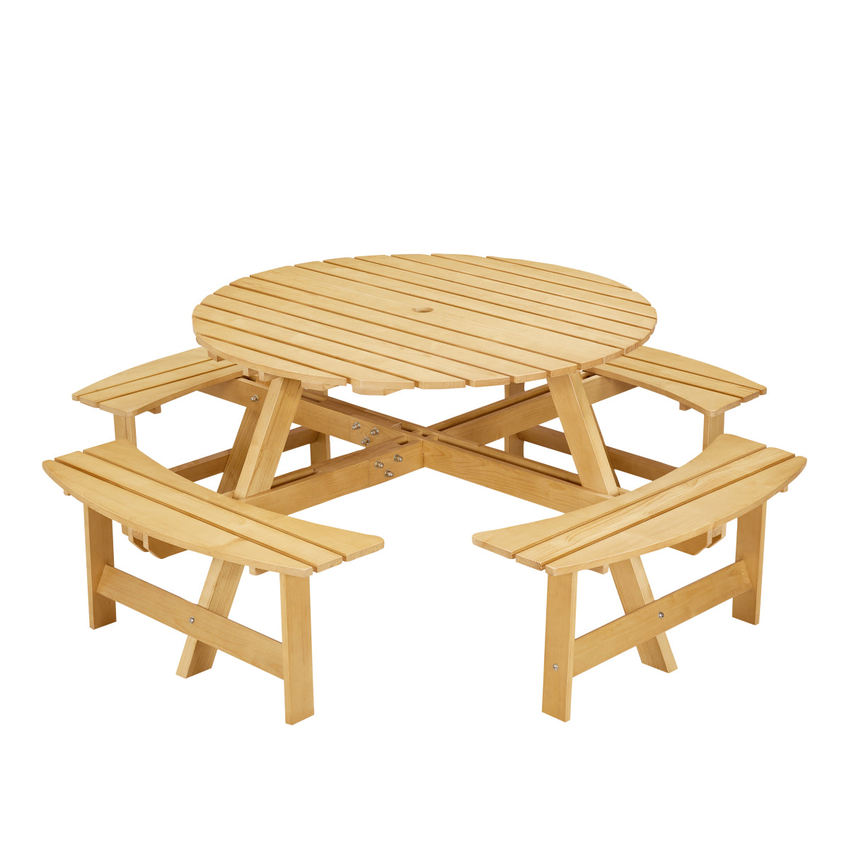 Outdoor 8 Person Picnic Table, 8 person Round Picnic Table with 4 Built-in Benches, Umbrella Hole, Outside Table and Bench Set for Garden, Backyard, Porch, Patio,  Natural   WL