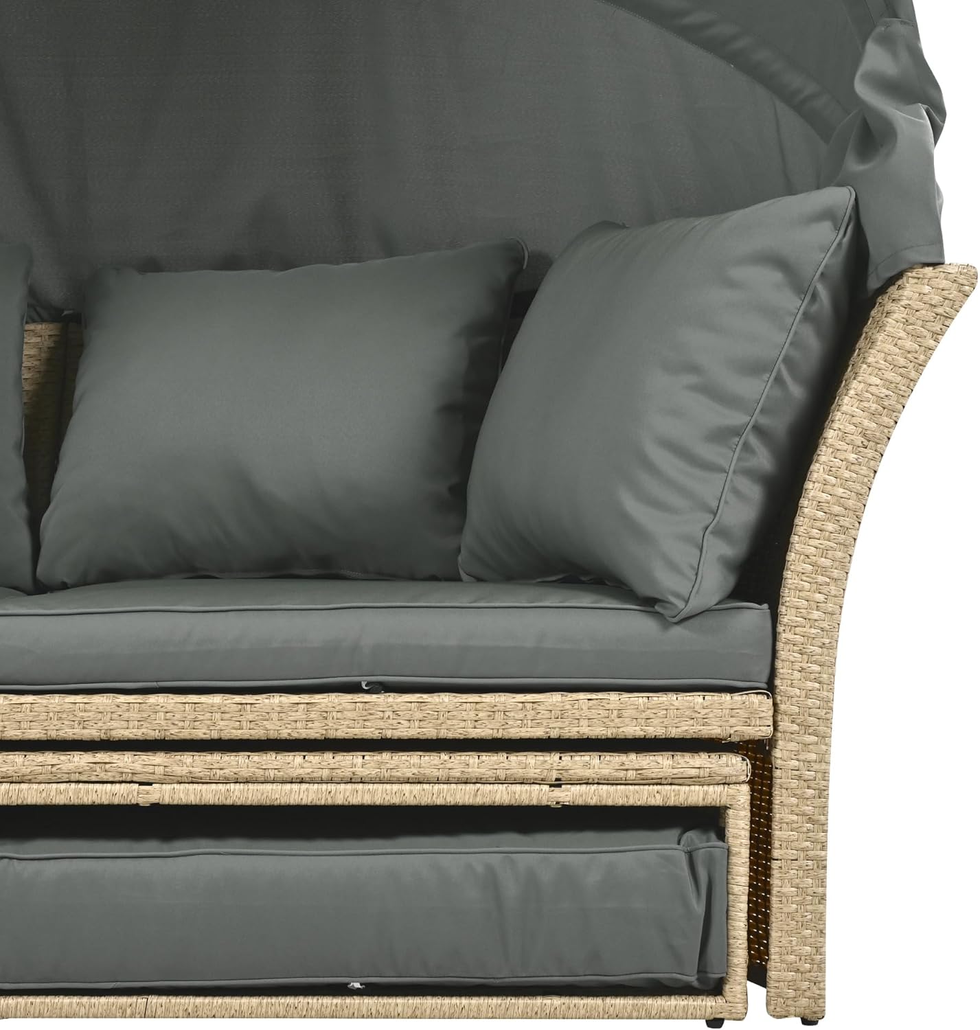 Outdoor Patio Rattan Round Daybed with Retractable Canopy, Wicker Furniture Clamshell Sectional Seating Sunbed with Removable Cushions and 4 Pillows for Patio Backyard Porch,Grey