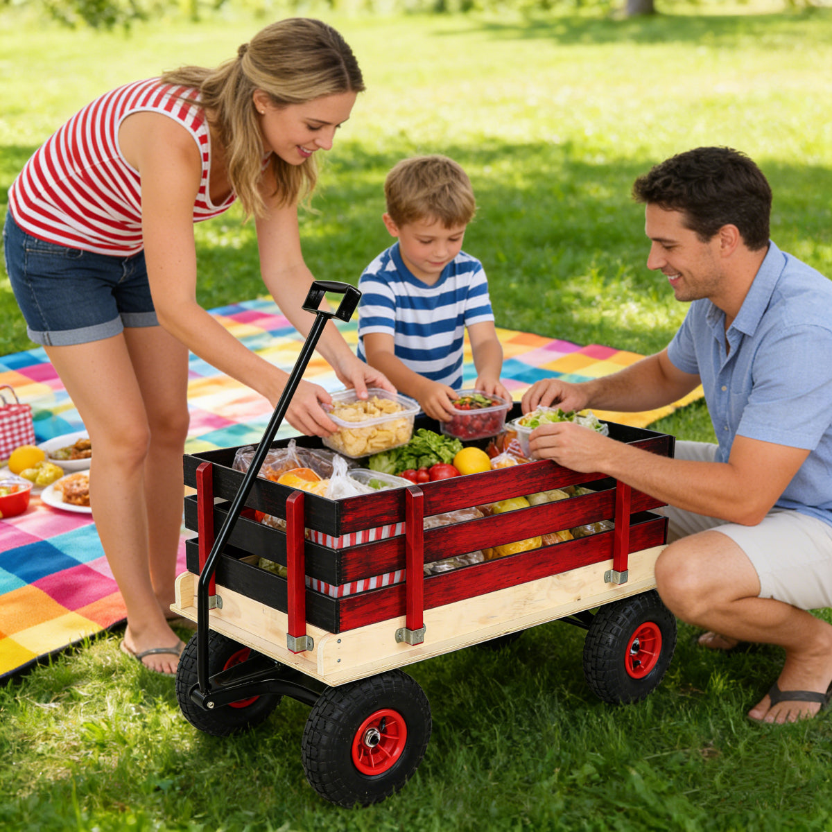 Children's and garden wooden carriages, all-terrain rubber inflatable wheelers, outdoor games, courtyard transportation, picnic supplies (red and natural colors)