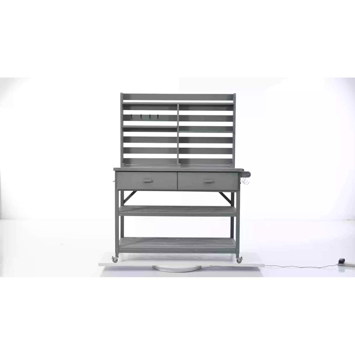 K&K 64.9"H Outdoor Potting Bench Table with Lockable Wheels, Solid Wood Outdoor Kitchen Island with Upper Hutch, Stainless Steel Top, Towel Rack ,Outdoor Storage for Grilling, Lawn Garden -Black