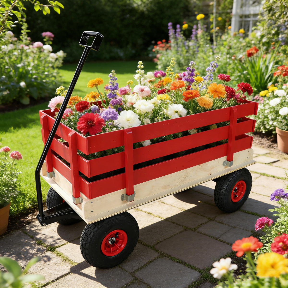 Children's and garden wooden carriages, all-terrain rubber inflatable wheelers, outdoor games, courtyard transportation, picnic supplies (red and natural colors)