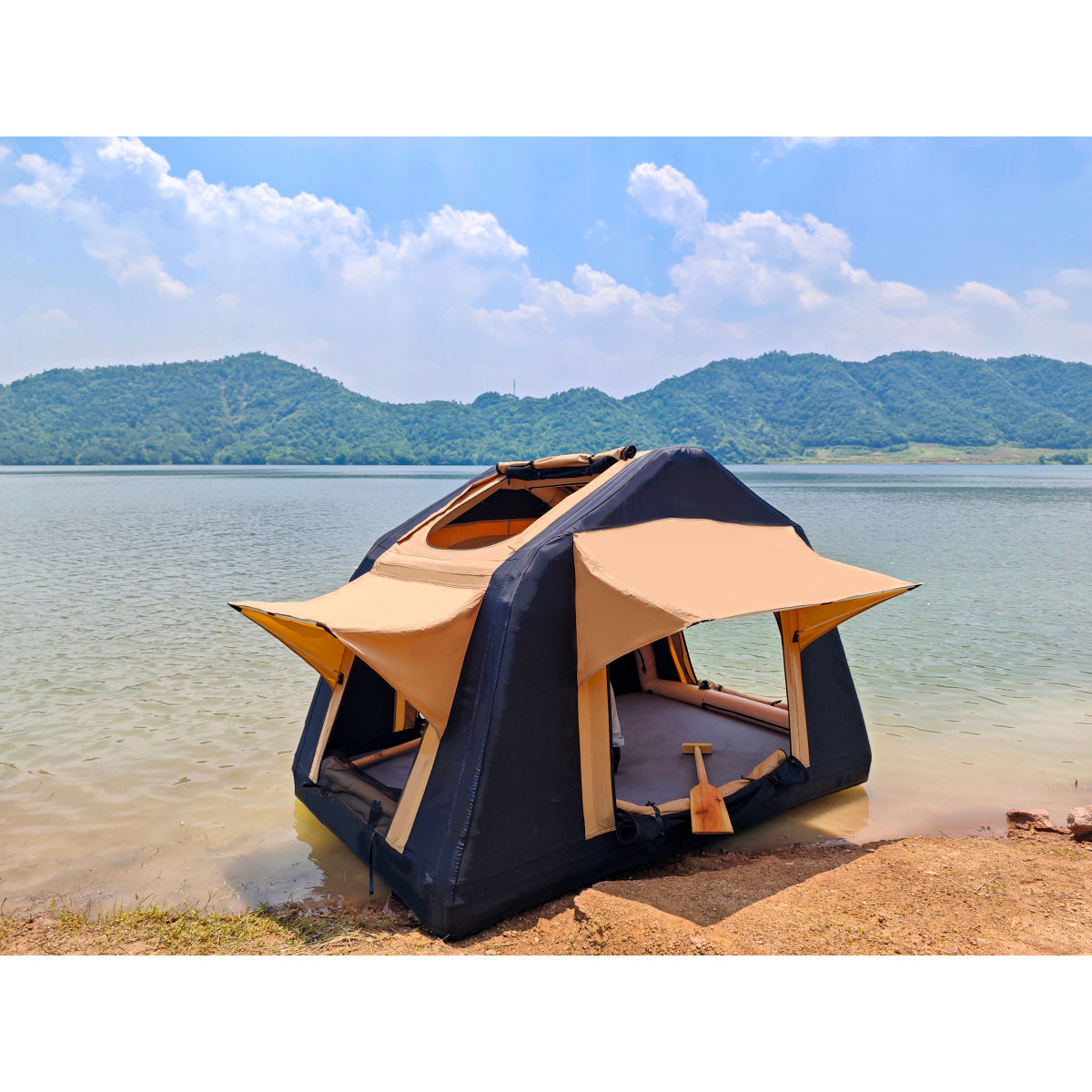 Foldable 2-3 People Amphibious Inflatable Car Roof Top Tent for camping Outdoor Glamping Camping Tent for SUV,Truck( Without Ladder, Two-tone Style, Khaki & Black)