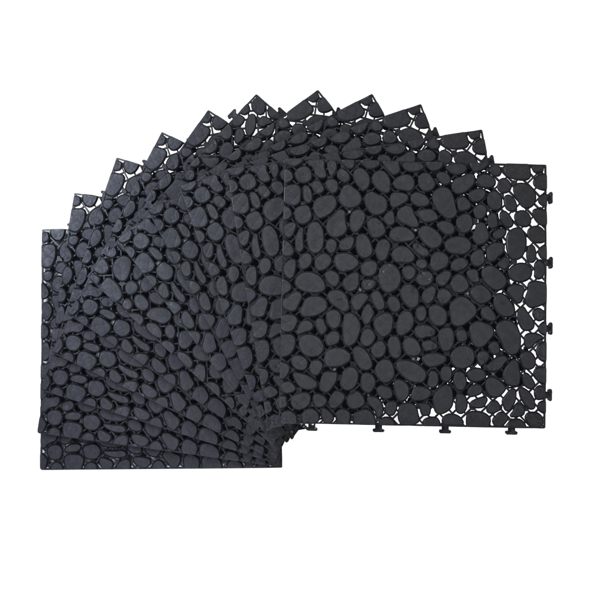 12 x 12 Inch Black Interlocking Deck Tiles Plastic Waterproof Outdoor All Weather Anti-slip Bathroom Shower Balcony Porch Strong Weight Capacity Upto 440 LBS, Pebble Stone Pattern Pack of 12