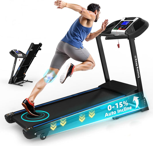 FYC Foldable Treadmill with Auto Incline (0-15°) – 3.5HP Quiet Motor, 400 lb Capacity, Bluetooth Speakers, APP Control, Shock Absorption, LCD Display & Heart Rate Monitor – Folding Treadmill for Home