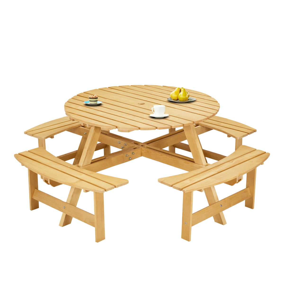 Outdoor 8 Person Picnic Table, 8 person Round Picnic Table with 4 Built-in Benches, Umbrella Hole, Outside Table and Bench Set for Garden, Backyard, Porch, Patio,  Natural   WL