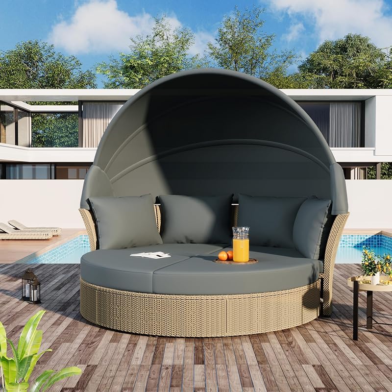 Outdoor Patio Rattan Round Daybed with Retractable Canopy, Wicker Furniture Clamshell Sectional Seating Sunbed with Removable Cushions and 4 Pillows for Patio Backyard Porch,Grey