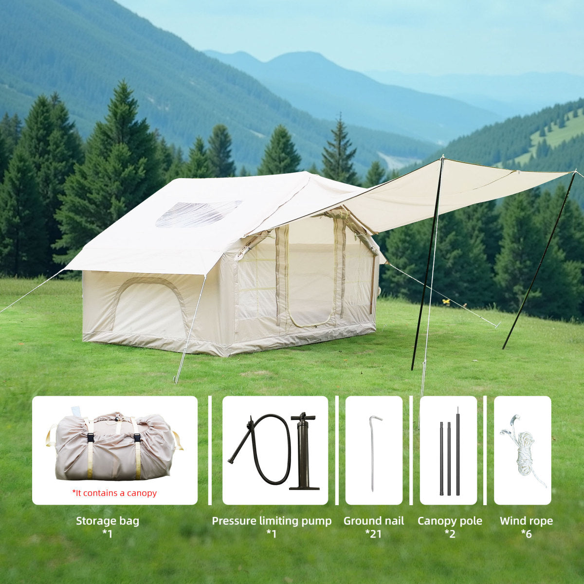 6.3m ² Inflatable Camping Tent with canopy , 4 Season Waterproof Windproof, Clear Skylight & 420D Oxford Waterproof, Air Tent with Mesh Windows/Doors