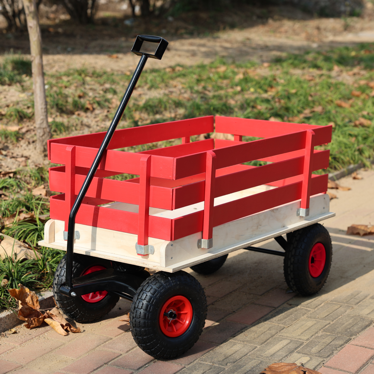 Children's and garden wooden carriages, all-terrain rubber inflatable wheelers, outdoor games, courtyard transportation, picnic supplies (red and natural colors)