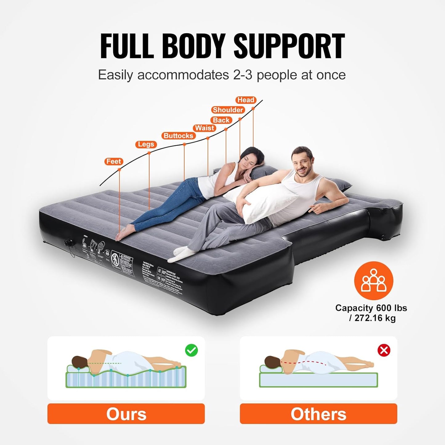 Inflatable Mattress for Pickup Beds, 5.5-5.8 ft Air Bed for Camping, Electric Pump, 2 Pillows, Storage Bag, Fits Silverado, RAM, F Series, Sierra, Titan, Tundra, Grey