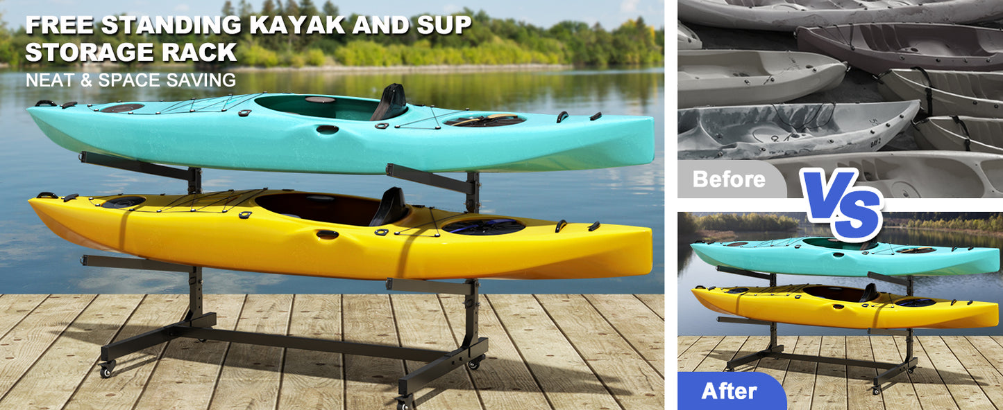Heavy Duty Freestanding Kayak Storage Rack, Adjustable Metal Stand for Kayaks, Canoes, SUPs, Paddleboards & Surfboards with Lockable Wheels, Indoor & Outdoor Use