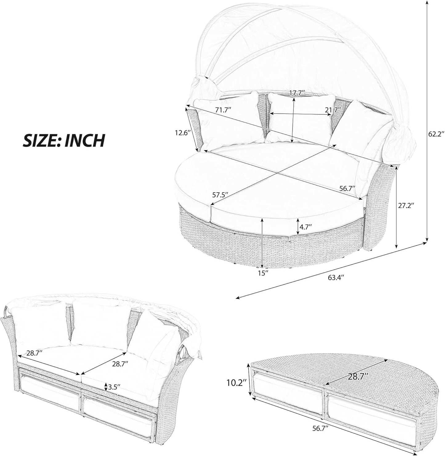 Outdoor Patio Rattan Round Daybed with Retractable Canopy, Wicker Furniture Clamshell Sectional Seating Sunbed with Removable Cushions and 4 Pillows for Patio Backyard Porch,Grey