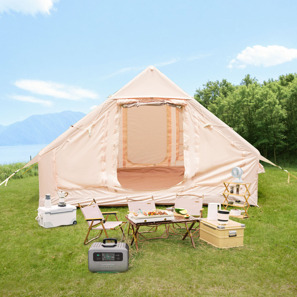 Inflatable Camping Tents with Hand Pump, Air Glamping Tents, Easy Setup Waterproof and Windproof Blow up Tent, 4 Seasons Oxford Cabin Tent with Mesh & Chimney Window.   WL