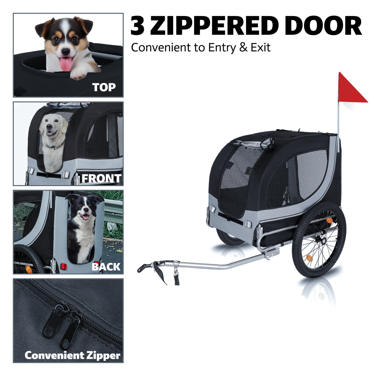 Large Folding Bike Trailer for Dogs – 100LB Capacity All-Terrain Pet Carrier, Durable Steel Frame for Cycling, Jogging, Camping & Outdoor Adventures, Black- Grey 20 1/8 width fat tire,extra mat inside