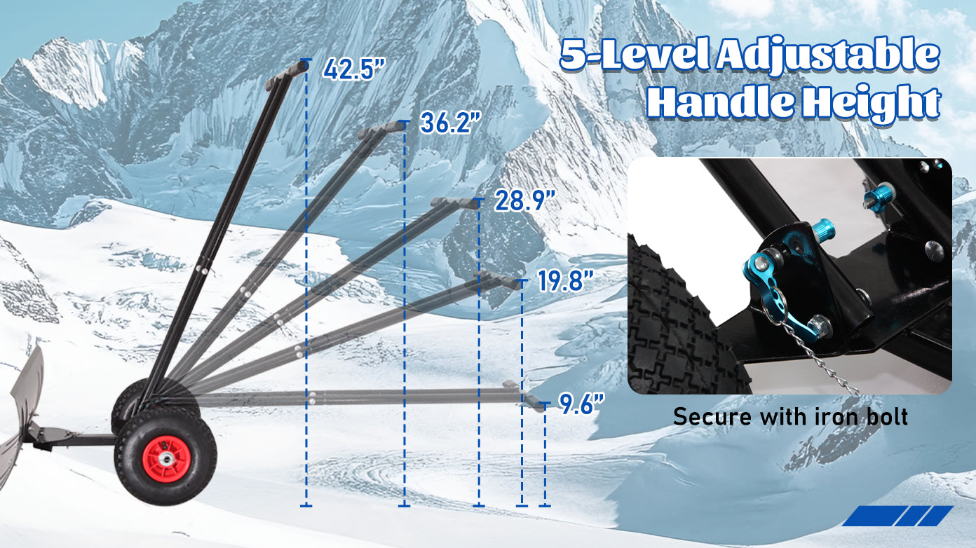 30" Heavy Duty Snow Shovel with Wheels, Garvee Adjustable Angle & Height Ergonomic Handle, Sidewalk & Pavement Clearing