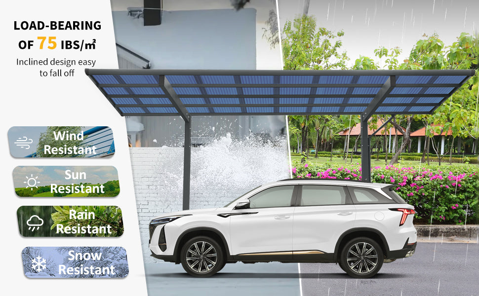 Outdoor Carport, 17.44FT*9FT Single Carport Aluminum Metal Frame and Polycarbonate Panels Car Port for Outdoor Driveway Car, Truck (Black)