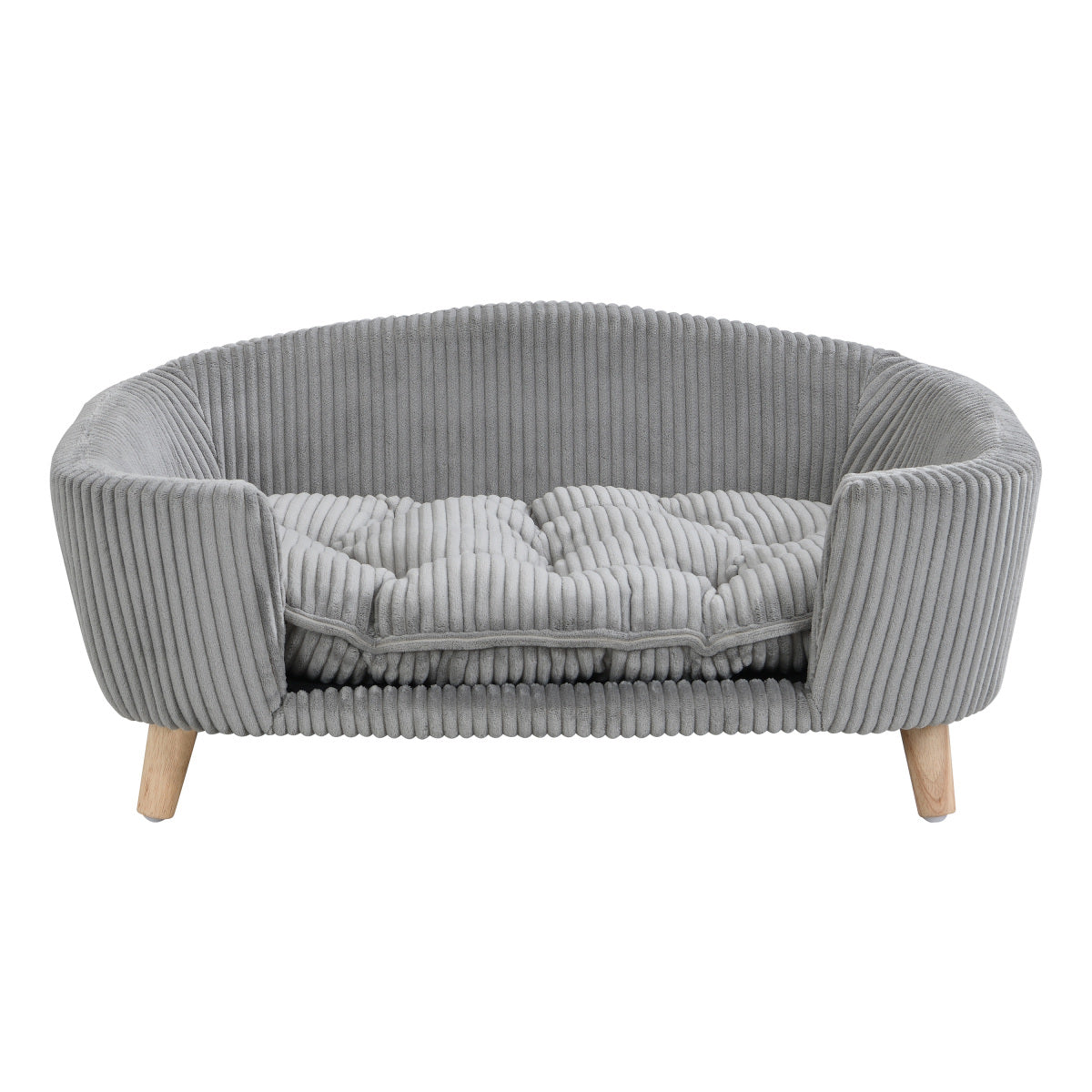 Elevated Dog Bed Frame for Small Dog, Corduroy Pet Couch Bed with Rubber Wood Legs and Supportive Foam, Gray, Easy Assembly