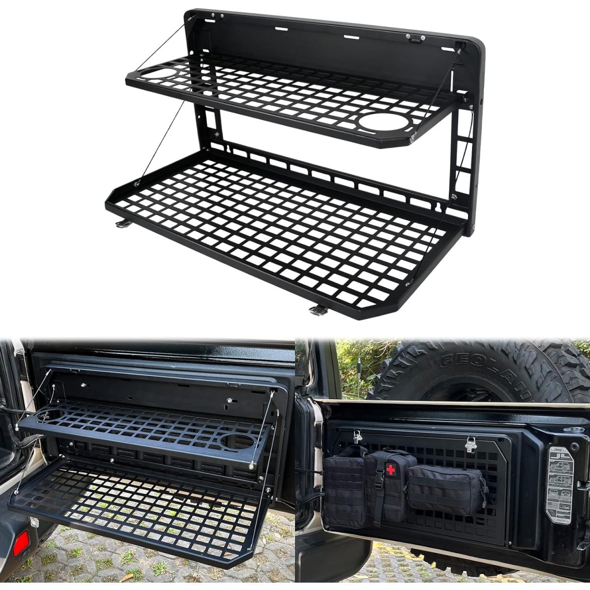 2-Tier Tailgate Table Rear Foldable Storage Cargo Rack Outdoor Camping Desk for 2007-2022 Jeep Wrangler JK&JL 4 Door (Not Fit JK Models with Stock Subwoofer)