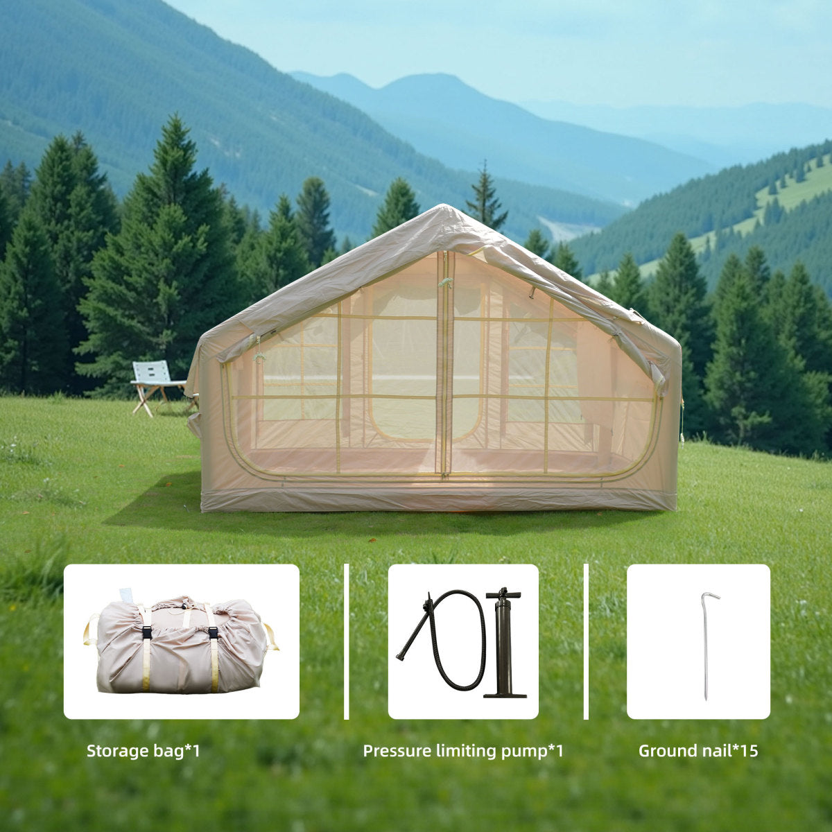 6.3m ² Inflatable Camping Tent , 4 Season Waterproof Windproof, Clear Skylight & 420D Oxford Waterproof, Air Tent with Mesh Windows/Doors   WL