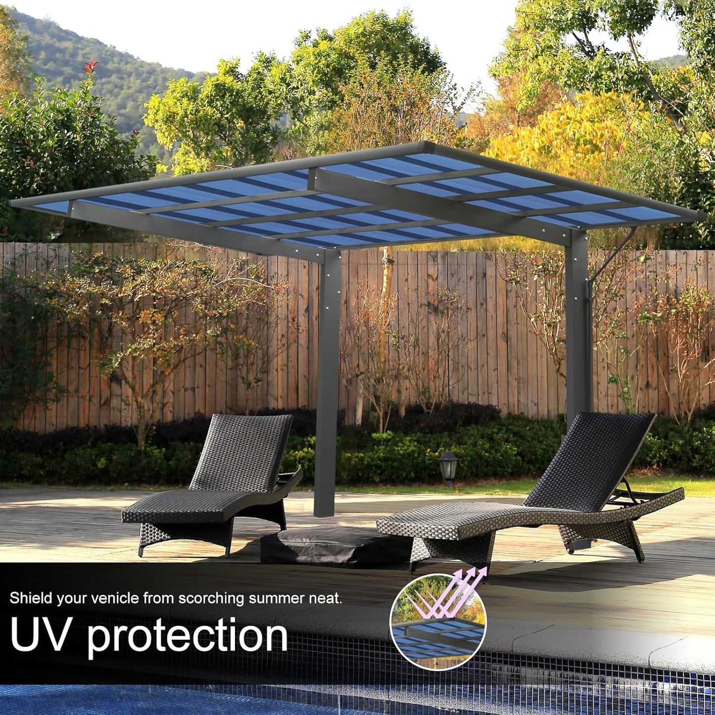 Outdoor Carport, 17.44FT*9FT Single Carport Aluminum Metal Frame and Polycarbonate Panels Car Port for Outdoor Driveway Car, Truck (Black)