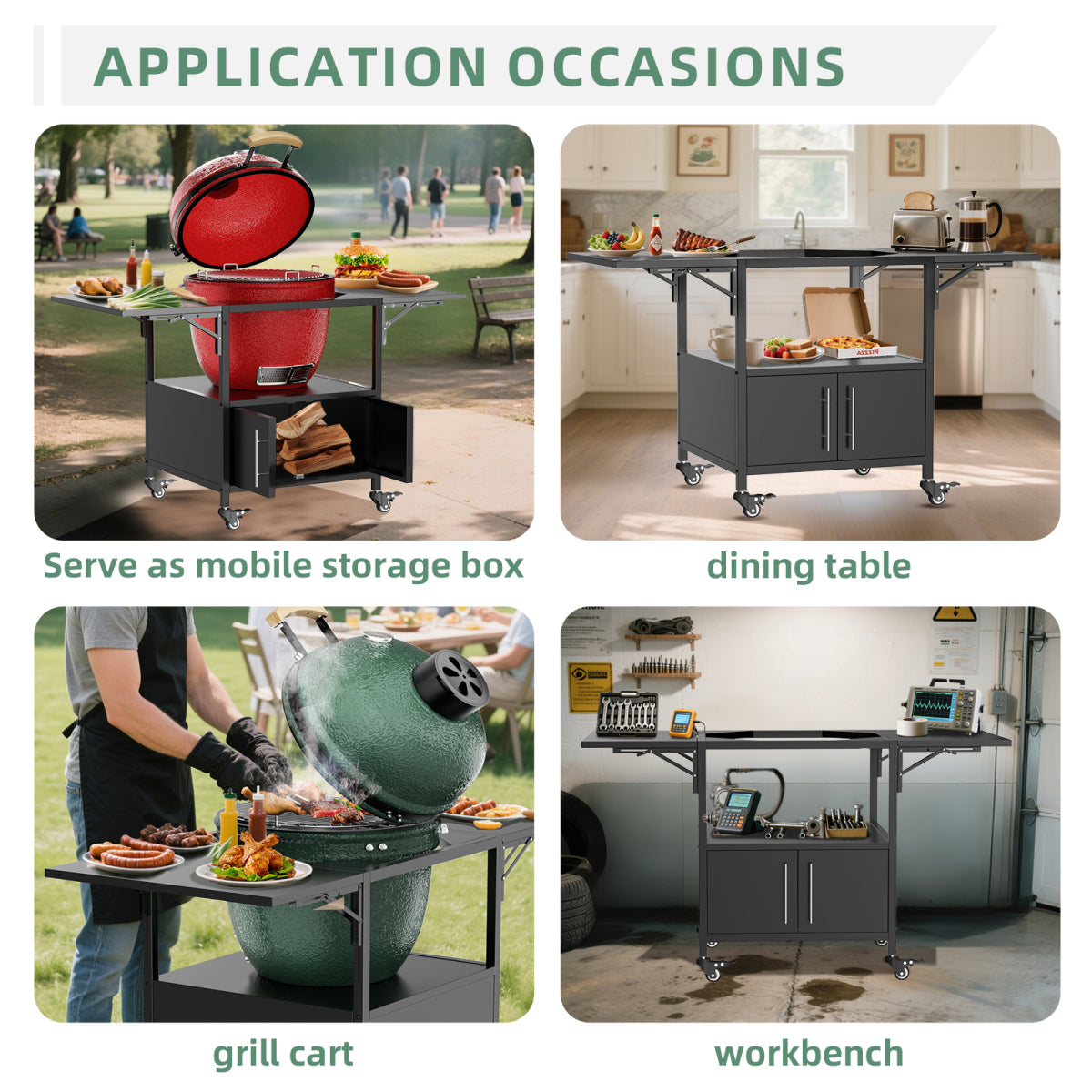 Outdoor Grill Table for Big Green Egg Style BBQ, Metal Grill Cart with 2 Folding Panels, Compatible with up to Large Green Egg, Kamado Joe Jr