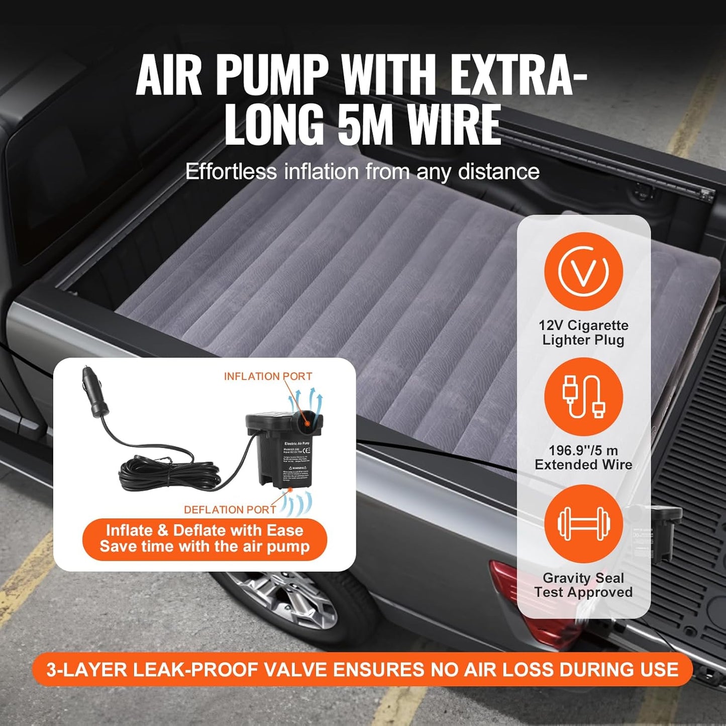 Inflatable Mattress for Pickup Beds, 5.5-5.8 ft Air Bed for Camping, Electric Pump, 2 Pillows, Storage Bag, Fits Silverado, RAM, F Series, Sierra, Titan, Tundra, Grey