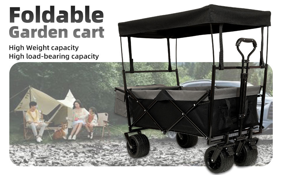 500Lbs Collapsible Wagon with Canopy, Lightweight Foldable Wagon Heavy Duty Utility Outdoor Garden Cartwith Mosquito net, Large Capacity for Camping, Shopping, Sports, and Garden Use (Black)