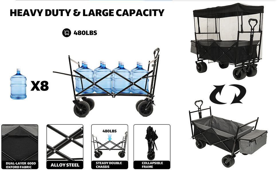 500Lbs Collapsible Wagon with Canopy, Lightweight Foldable Wagon Heavy Duty Utility Outdoor Garden Cartwith Mosquito net, Large Capacity for Camping, Shopping, Sports, and Garden Use (Black)