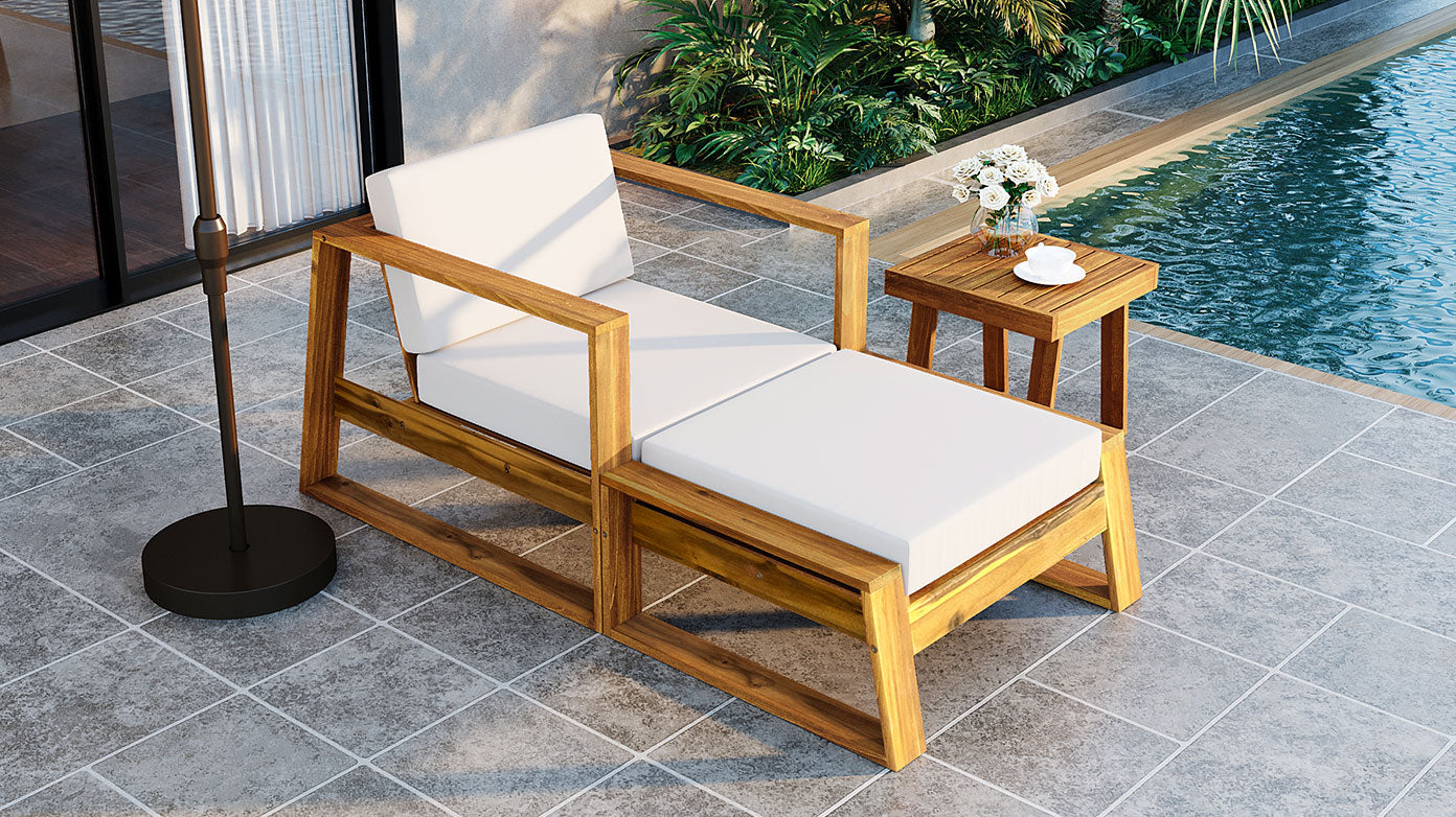 U_STYLE Acacia Wood Outdoor Lounge Set - Chair and Ottoman with Removable Cushions, All-Weather Outdoor Chaise Lounge/Daybed, Perfect for Patios, Balconies, and Gardens