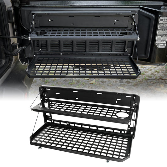 2-Tier Tailgate Table Rear Foldable Storage Cargo Rack Outdoor Camping Desk for 2007-2022 Jeep Wrangler JK&JL 4 Door (Not Fit JK Models with Stock Subwoofer)