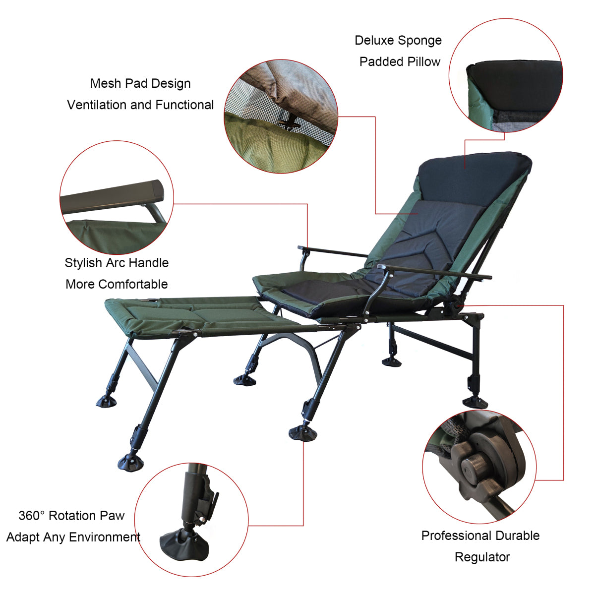Camping Lounge Chair with Detachable Footrest, Portable Folding Reclining Camping Chair with Adjustable backrest for Indoor and Outdoor Camping Beach Hiking Fishing, Green+black    RR