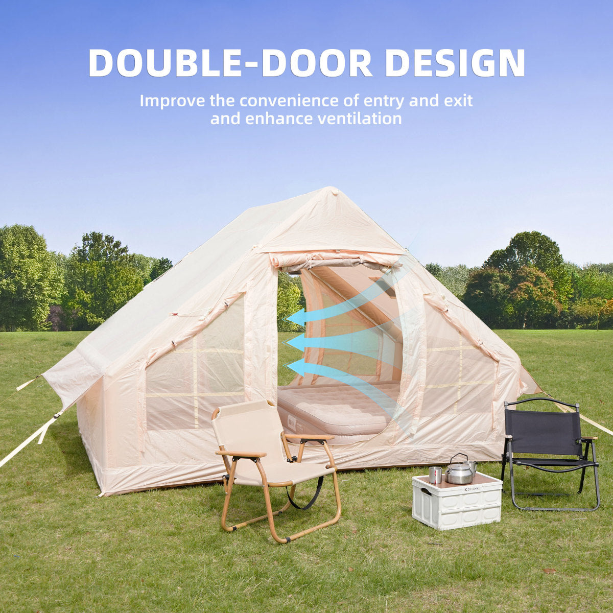 Inflatable Camping Tents with Hand Pump, Air Glamping Tents, Easy Setup Waterproof and Windproof Blow up Tent, 4 Seasons Oxford Cabin Tent with Mesh & Chimney Window.   WL
