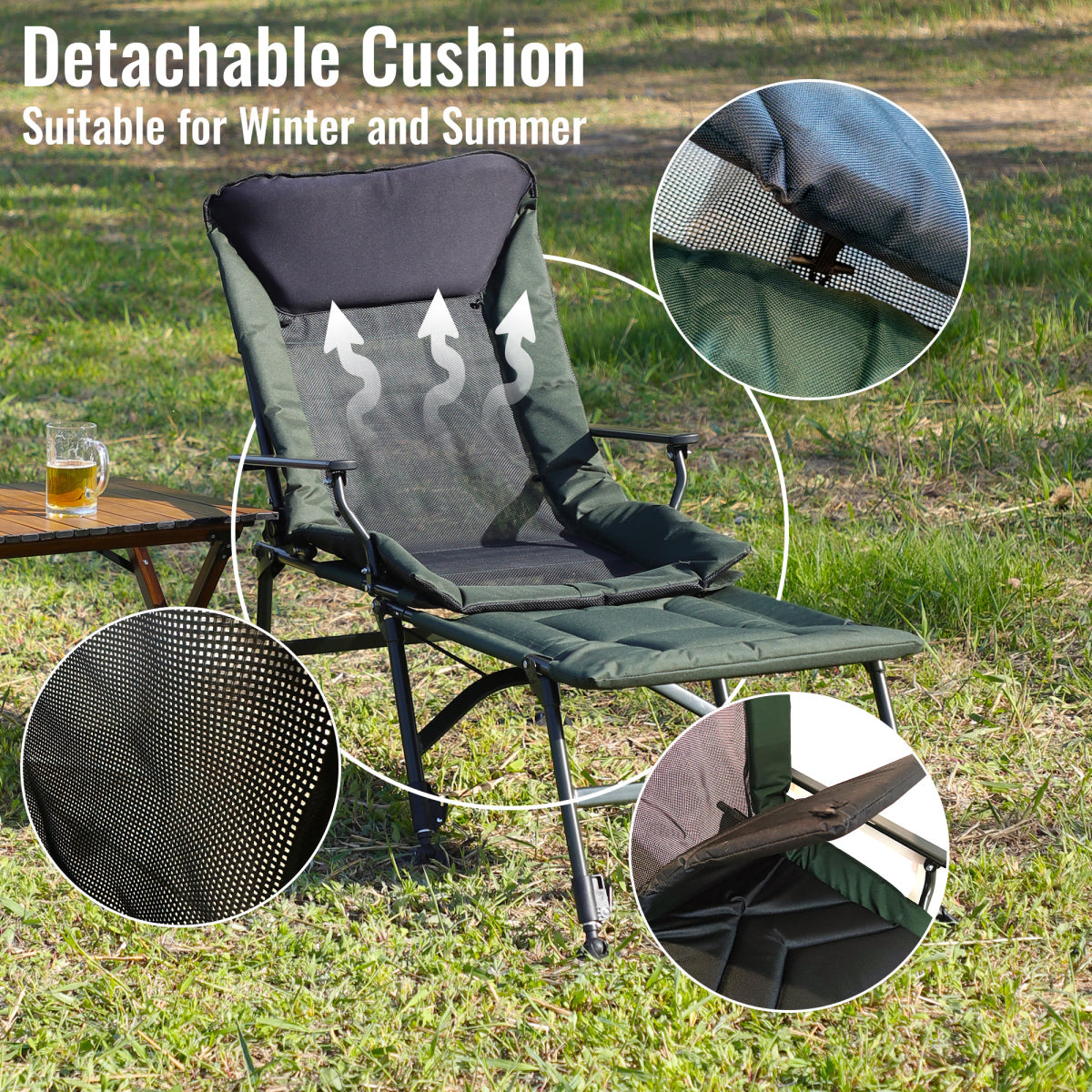 Camping Lounge Chair with Detachable Footrest, Portable Folding Reclining Camping Chair with Adjustable backrest for Indoor and Outdoor Camping Beach Hiking Fishing, Green+black    RR
