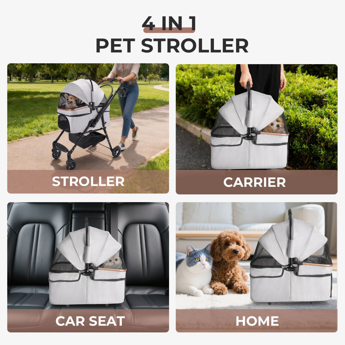 4-Wheel Foldable Pet Stroller for Dogs & Cats  360° Rotating Wheels, Separable Carrier & Travel Bag for Small Animals
