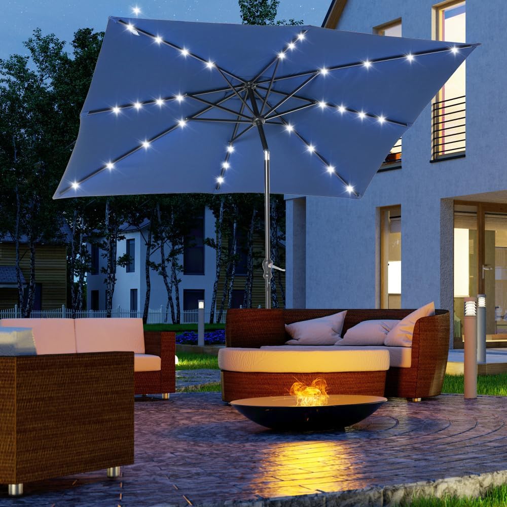 Solar-Powered LED Patio Umbrella with Tilt Function and Crank Lift for Outdoor Deck, Poolside, Garden, and Backyard Use