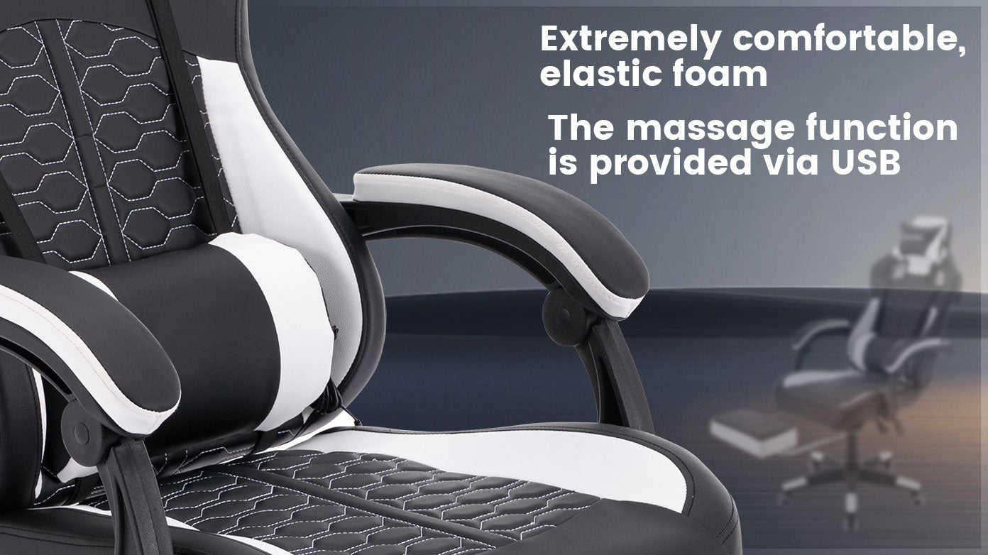 Gaming Chair with Massage,Ergonomic PC Gaming Chair with Footrest Comfortable Headrest and Lumbar Support,High Back PVC Leather,300LBS (Black White)