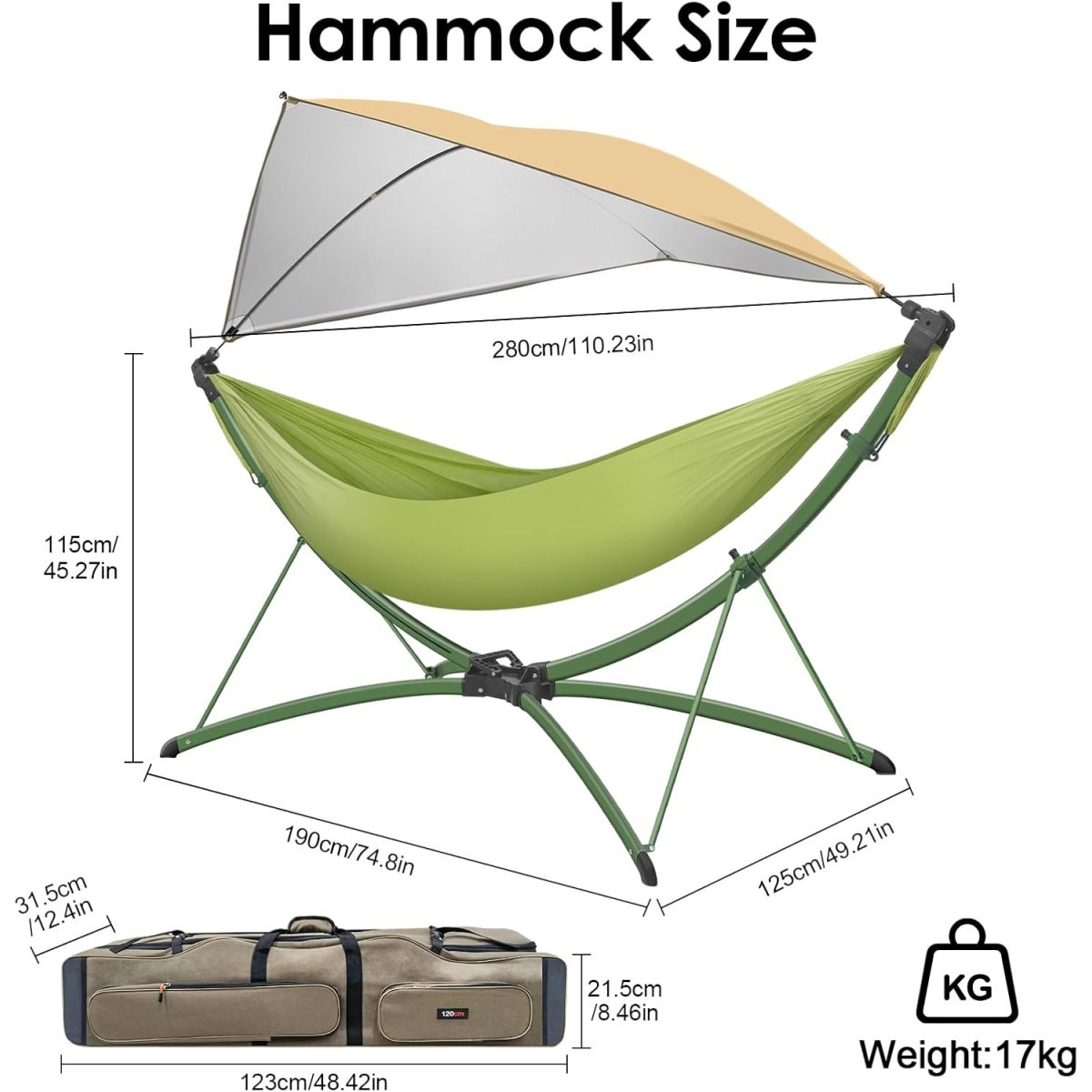 Portable Outdoor/Garden Hammock with Quick-Fold Stand, Adjustable Sunshade, and Storage Bag Adult/Child Hammock Chair Heavy-Duty Hammock Suitable for Camping, Home Gardens, Hotels, Outdoors, Beaches,