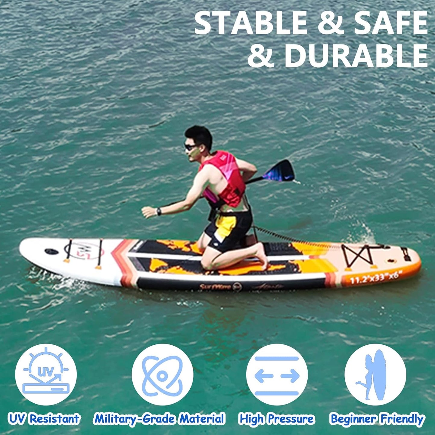 Extra Wide Inflatable Paddle Board,2-in-1 Adjustable Paddle Board for Adults,400lb Capacity Stand Up Stable Inflatable SUP, All Skill Levels,3 Detachable Fins,1 Backpack,Pump & Repair Kit