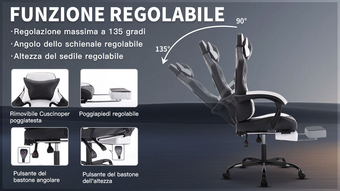 Gaming Chair with Massage,Ergonomic PC Gaming Chair with Footrest Comfortable Headrest and Lumbar Support,High Back PVC Leather,300LBS (Black White)
