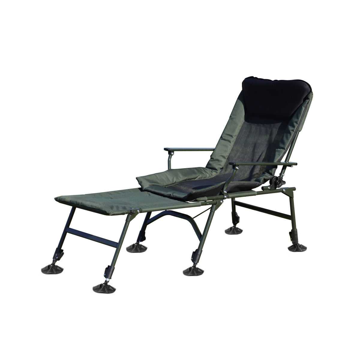 Camping Lounge Chair with Detachable Footrest, Portable Folding Reclining Camping Chair with Adjustable backrest for Indoor and Outdoor Camping Beach Hiking Fishing, Green+black    RR