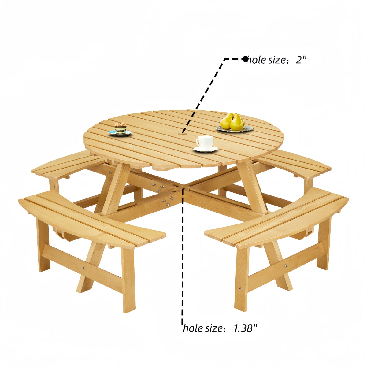 Outdoor 8 Person Picnic Table, 8 person Round Picnic Table with 4 Built-in Benches, Umbrella Hole, Outside Table and Bench Set for Garden, Backyard, Porch, Patio,  Natural   WL